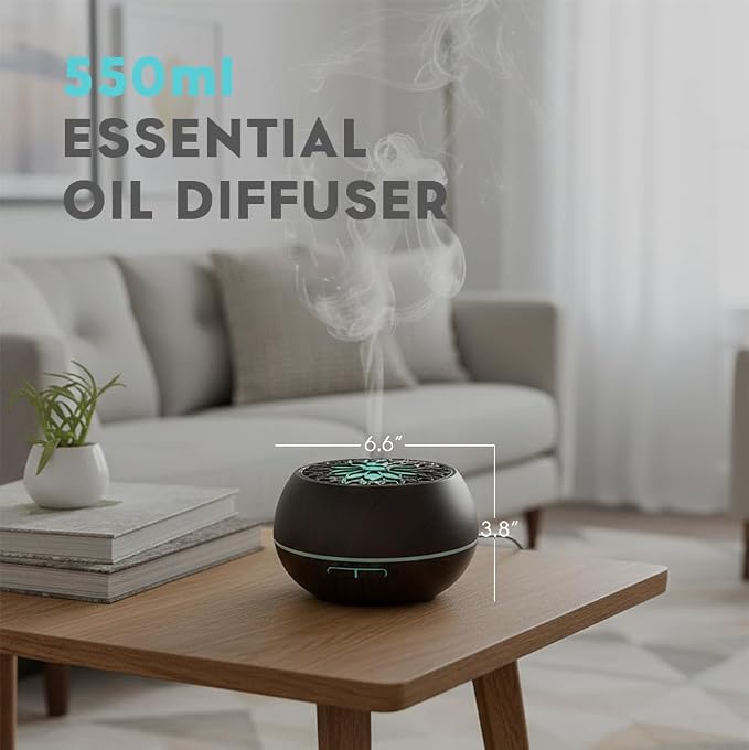 550ml Large Capacity Essential Oil Diffuser with 6 Aromatherapy Oils Set,Ultrasonic Air Humidifier with Timer and 7 Color LED