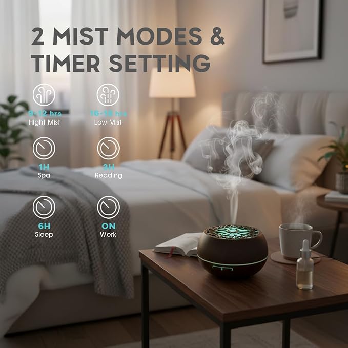 550ml Large Capacity Essential Oil Diffuser with 6 Aromatherapy Oils Set,Ultrasonic Air Humidifier with Timer and 7 Color LED