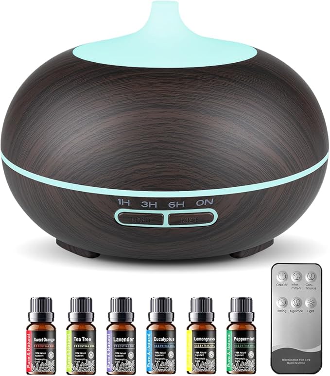 550ml Large Capacity Essential Oil Diffuser with 6 Essential Oil Set, Aromatherapy Ultrasonic Air Humidifier with Timer