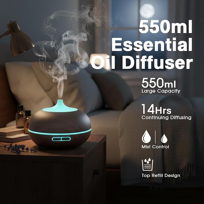 550ml Large Capacity Essential Oil Diffuser with 6 Essential Oil Set, Aromatherapy Ultrasonic Air Humidifier with Timer