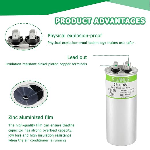 55uF 55 MFD 370V or 450V CBB65 Run Start Capacitor 55 uF 370 450 Volt VAC for Condenser Straight Cool or Heat Pump Air