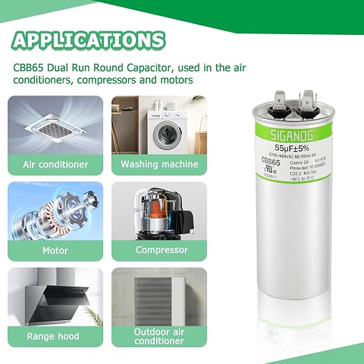55uF 55 MFD 370V or 450V CBB65 Run Start Capacitor 55 uF 370 450 Volt VAC for Condenser Straight Cool or Heat Pump Air