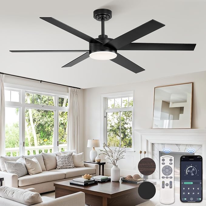 56 Inch Ceiling Fans with Lights and Remote, Reversible 6 Blades, Dimmable, 3000K-6000K Adjustable, Outdoor Ceiling Fans for
