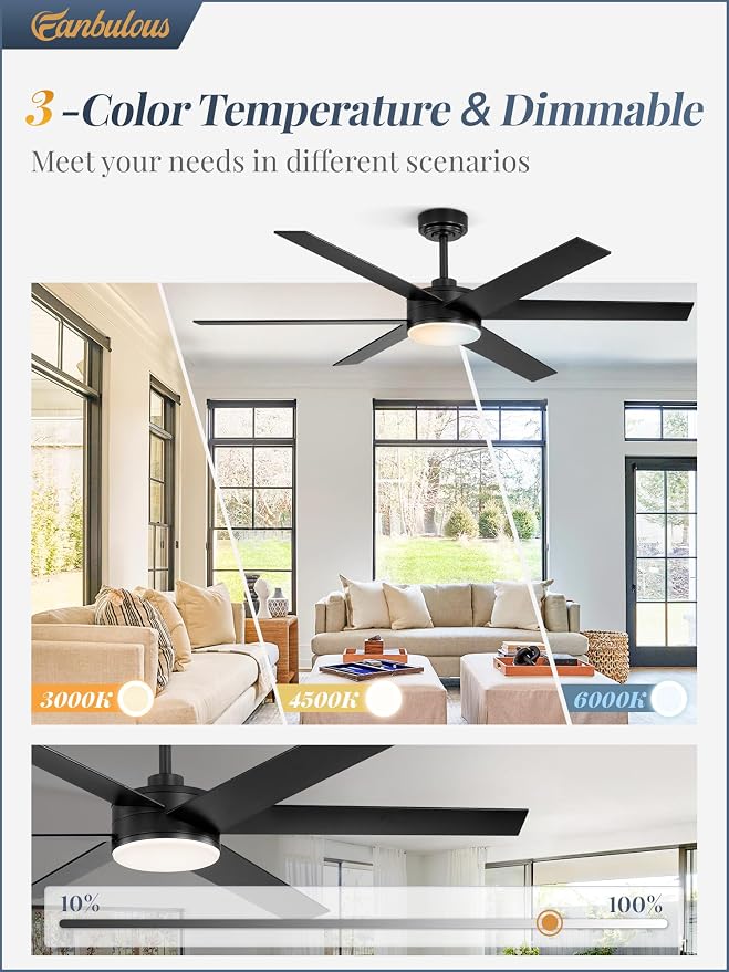 56 Inch Ceiling Fans with Lights and Remote, Reversible 6 Blades, Dimmable, 3000K-6000K Adjustable, Outdoor Ceiling Fans for