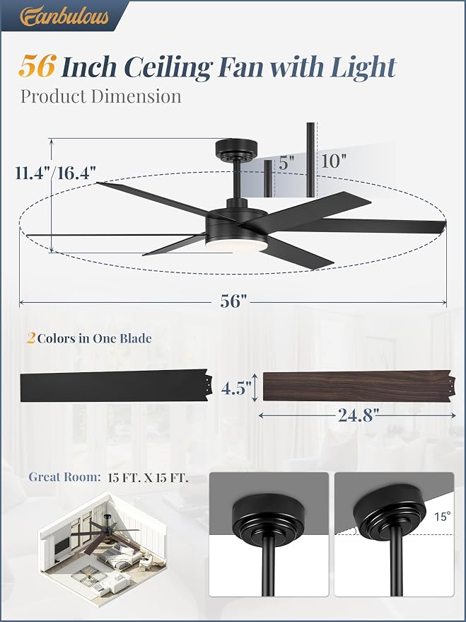 56 Inch Ceiling Fans with Lights and Remote, Reversible 6 Blades, Dimmable, 3000K-6000K Adjustable, Outdoor Ceiling Fans for