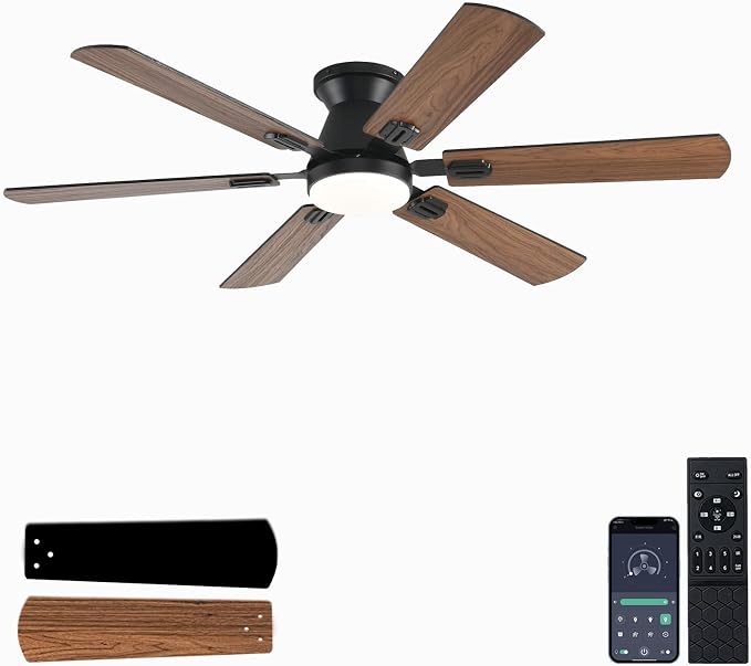 56 inch Ceiling Fans with Lights,Brown Flush Mount Ceiling fan with Light and Remote/APP Control, 3CCT, RGB, Dimmable