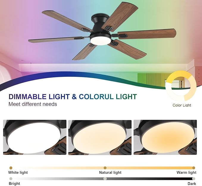 56 inch Ceiling Fans with Lights,Brown Flush Mount Ceiling fan with Light and Remote/APP Control, 3CCT, RGB, Dimmable