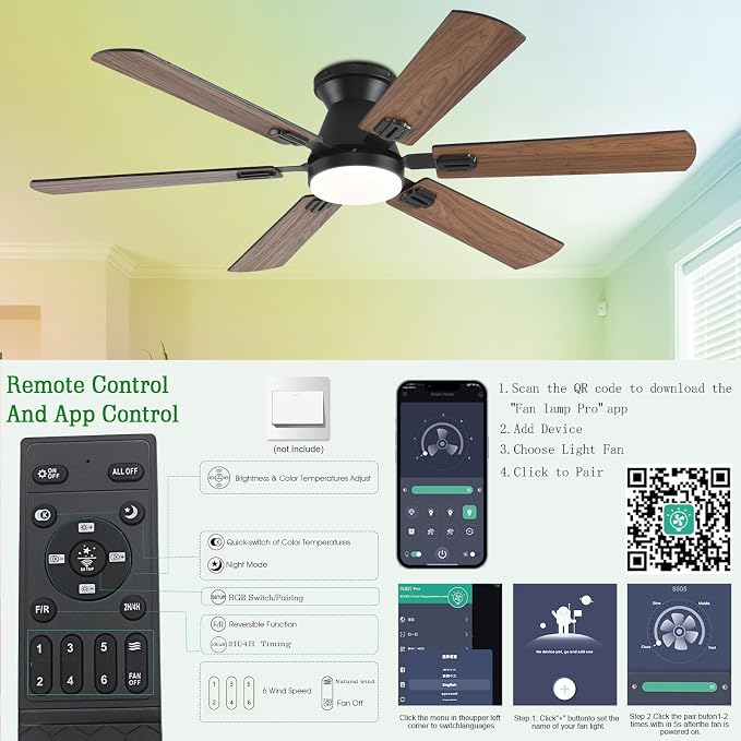 56 inch Ceiling Fans with Lights,Brown Flush Mount Ceiling fan with Light and Remote/APP Control, 3CCT, RGB, Dimmable