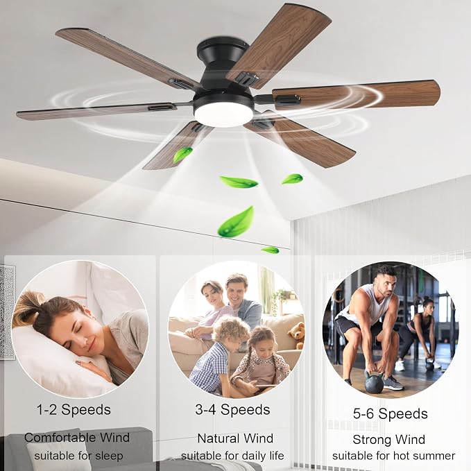 56 inch Ceiling Fans with Lights,Brown Flush Mount Ceiling fan with Light and Remote/APP Control, 3CCT, RGB, Dimmable
