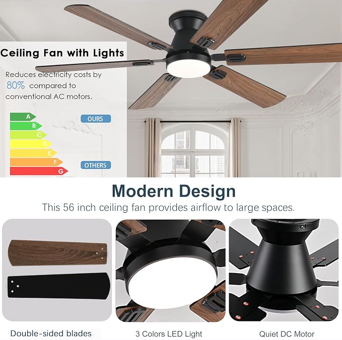 56 inch Ceiling Fans with Lights,Brown Flush Mount Ceiling fan with Light and Remote/APP Control, 3CCT, RGB, Dimmable