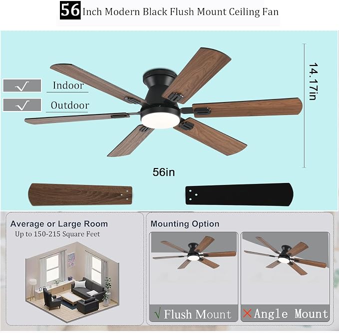 56 inch Ceiling Fans with Lights,Brown Flush Mount Ceiling fan with Light and Remote/APP Control, 3CCT, RGB, Dimmable