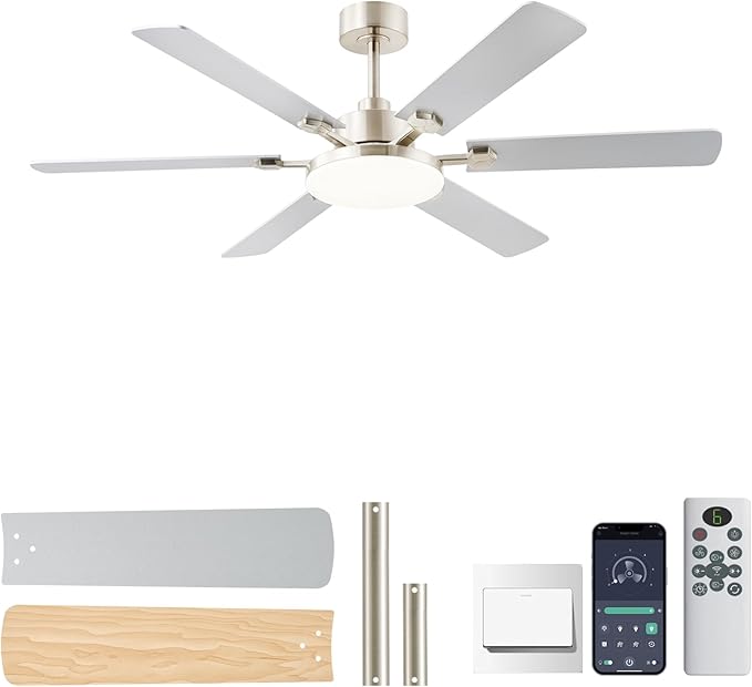 56 Inch Ceiling Fans with Lights, Large Modern Nickel Ceiling Fan with Light and Remote Control, 6 Double Sided Blades, 6
