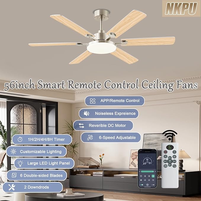56 Inch Ceiling Fans with Lights, Large Modern Nickel Ceiling Fan with Light and Remote Control, 6 Double Sided Blades, 6