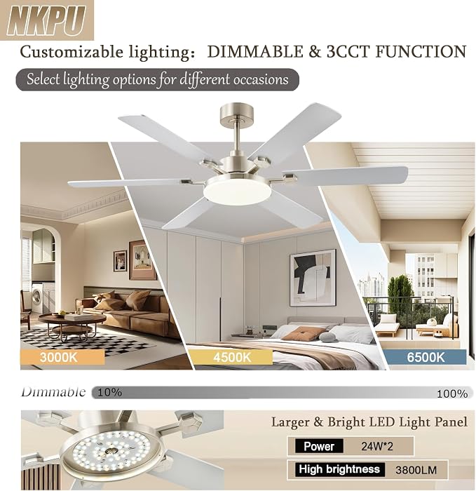 56 Inch Ceiling Fans with Lights, Large Modern Nickel Ceiling Fan with Light and Remote Control, 6 Double Sided Blades, 6