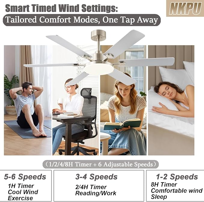 56 Inch Ceiling Fans with Lights, Large Modern Nickel Ceiling Fan with Light and Remote Control, 6 Double Sided Blades, 6