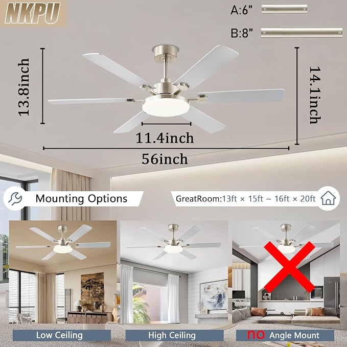 56 Inch Ceiling Fans with Lights, Large Modern Nickel Ceiling Fan with Light and Remote Control, 6 Double Sided Blades, 6