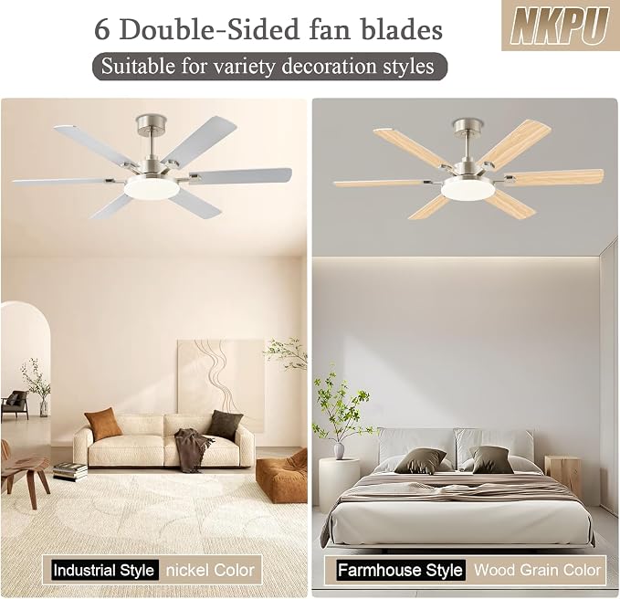 56 Inch Ceiling Fans with Lights, Large Modern Nickel Ceiling Fan with Light and Remote Control, 6 Double Sided Blades, 6