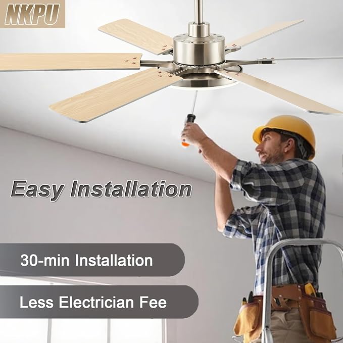 56 Inch Ceiling Fans with Lights, Large Modern Nickel Ceiling Fan with Light and Remote Control, 6 Double Sided Blades, 6