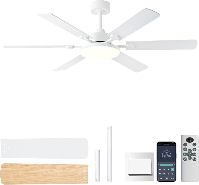 56 Inch Ceiling Fans with Lights, Modern White Ceiling Fan with Light and Remote Control, 6 Double Sided Blades, 6 Speed