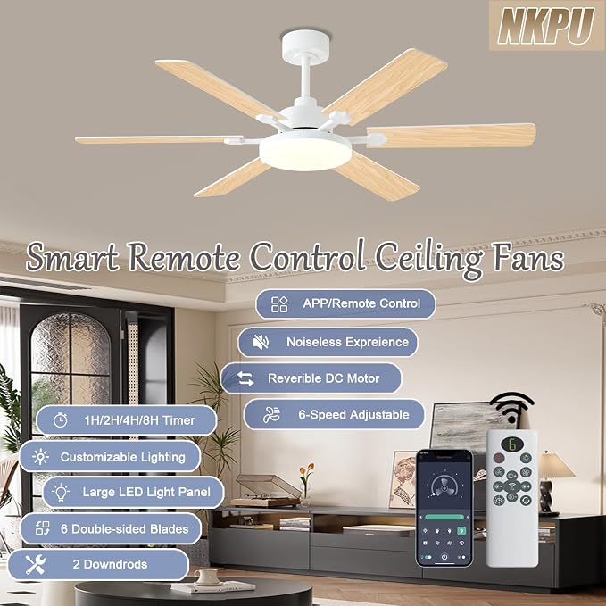 56 Inch Ceiling Fans with Lights, Modern White Ceiling Fan with Light and Remote Control, 6 Double Sided Blades, 6 Speed