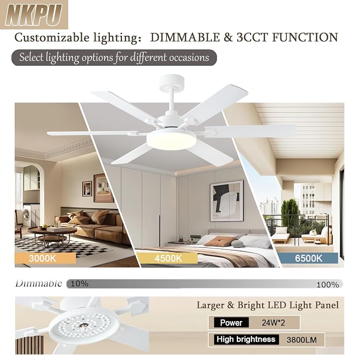 56 Inch Ceiling Fans with Lights, Modern White Ceiling Fan with Light and Remote Control, 6 Double Sided Blades, 6 Speed