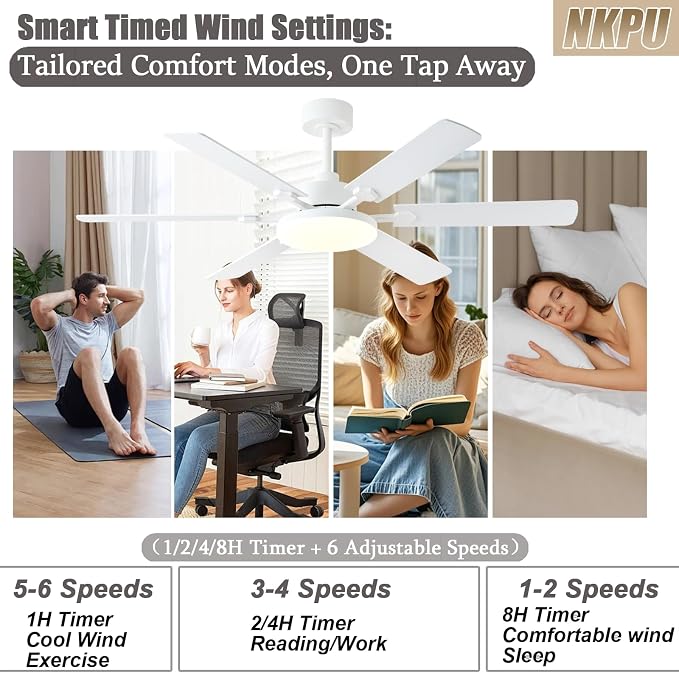 56 Inch Ceiling Fans with Lights, Modern White Ceiling Fan with Light and Remote Control, 6 Double Sided Blades, 6 Speed