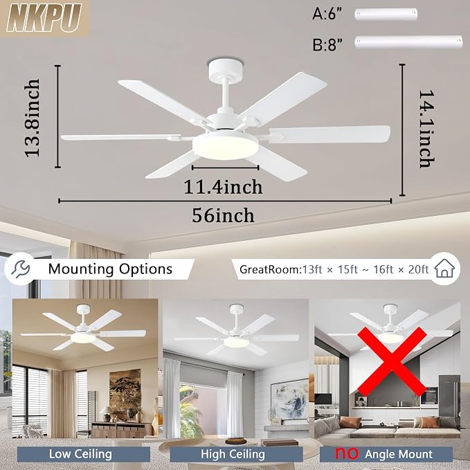 56 Inch Ceiling Fans with Lights, Modern White Ceiling Fan with Light and Remote Control, 6 Double Sided Blades, 6 Speed