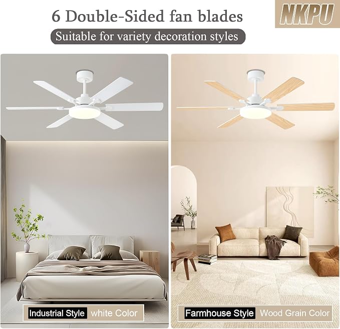 56 Inch Ceiling Fans with Lights, Modern White Ceiling Fan with Light and Remote Control, 6 Double Sided Blades, 6 Speed