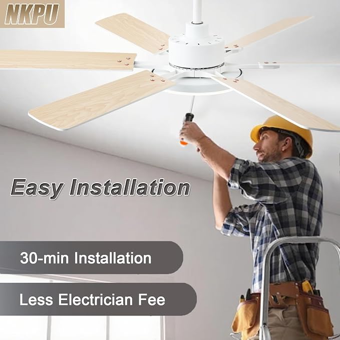 56 Inch Ceiling Fans with Lights, Modern White Ceiling Fan with Light and Remote Control, 6 Double Sided Blades, 6 Speed