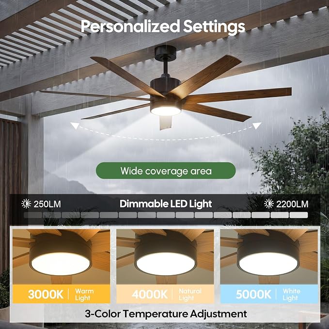 56 Inch Outdoor Ceiling Fan for Patios Waterproof, All-Weather Wet-Rated High CFM 7-Blade Fan, Smart Alexa/App/Remote