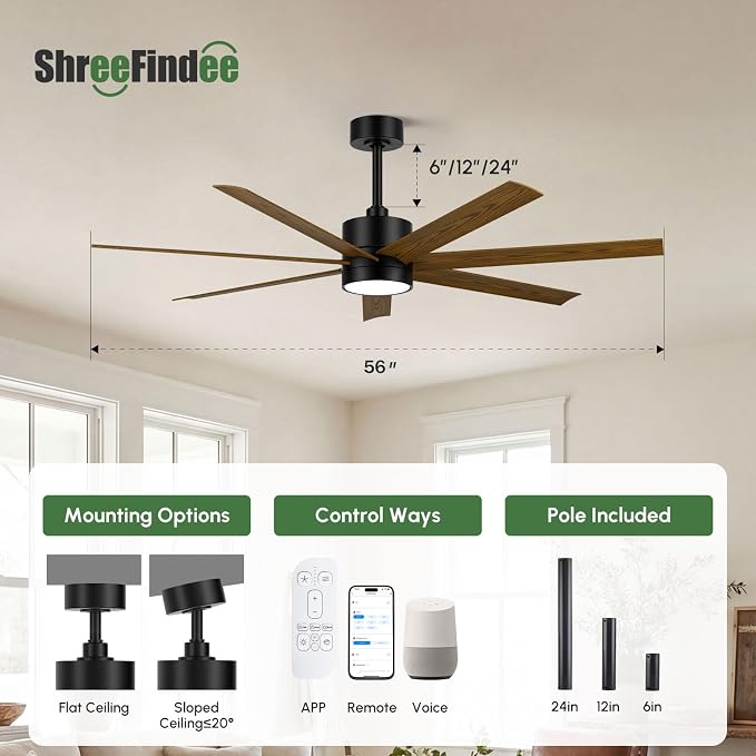 56 Inch Outdoor Ceiling Fan for Patios Waterproof, All-Weather Wet-Rated High CFM 7-Blade Fan, Smart Alexa/App/Remote