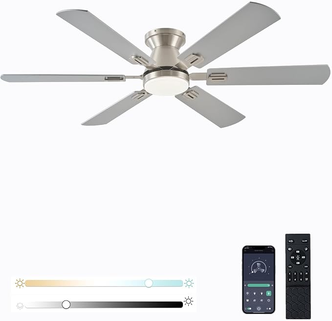 56" RGB Nickel Ceiling Fans with Lights - App & Remote Control, Quiet Reversible DC Motor, Flush Mount Double-sided Blades