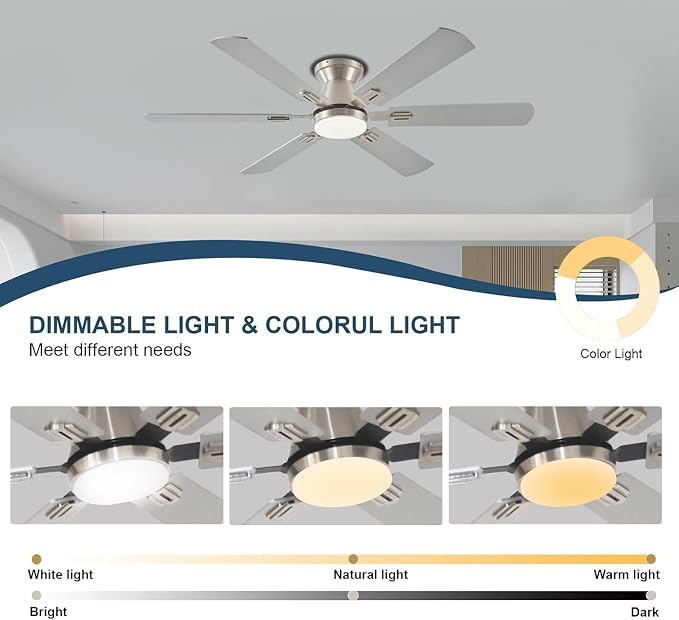 56" RGB Nickel Ceiling Fans with Lights - App & Remote Control, Quiet Reversible DC Motor, Flush Mount Double-sided Blades