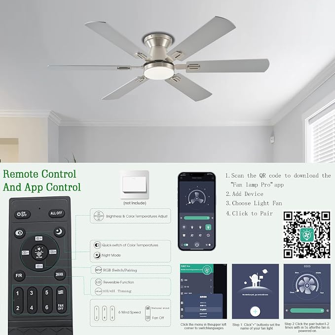 56" RGB Nickel Ceiling Fans with Lights - App & Remote Control, Quiet Reversible DC Motor, Flush Mount Double-sided Blades