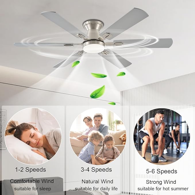 56" RGB Nickel Ceiling Fans with Lights - App & Remote Control, Quiet Reversible DC Motor, Flush Mount Double-sided Blades