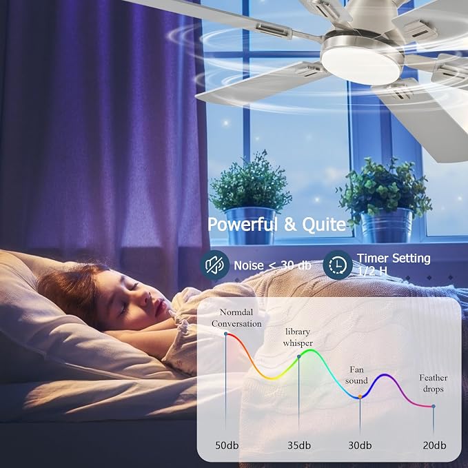 56" RGB Nickel Ceiling Fans with Lights - App & Remote Control, Quiet Reversible DC Motor, Flush Mount Double-sided Blades