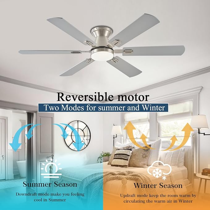 56" RGB Nickel Ceiling Fans with Lights - App & Remote Control, Quiet Reversible DC Motor, Flush Mount Double-sided Blades