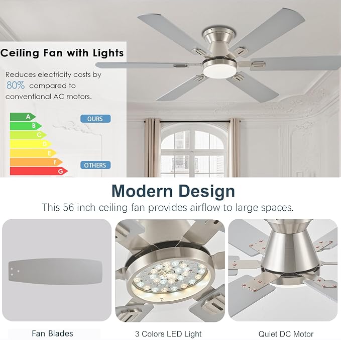56" RGB Nickel Ceiling Fans with Lights - App & Remote Control, Quiet Reversible DC Motor, Flush Mount Double-sided Blades