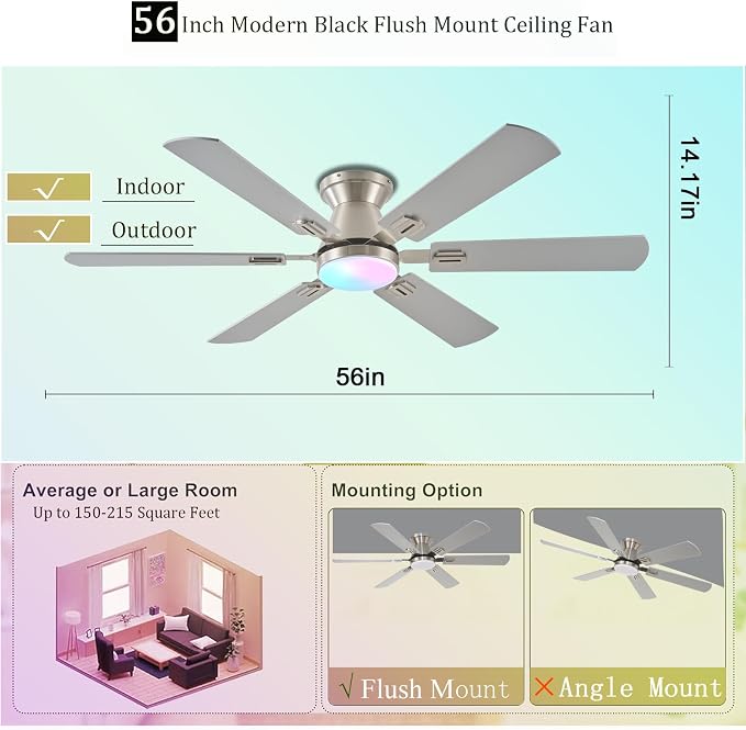 56" RGB Nickel Ceiling Fans with Lights - App & Remote Control, Quiet Reversible DC Motor, Flush Mount Double-sided Blades
