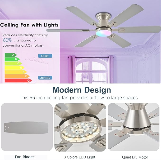 56" RGB Nickel Ceiling Fans with Lights - App & Remote Control, Quiet Reversible DC Motor, Flush Mount Double-sided Blades