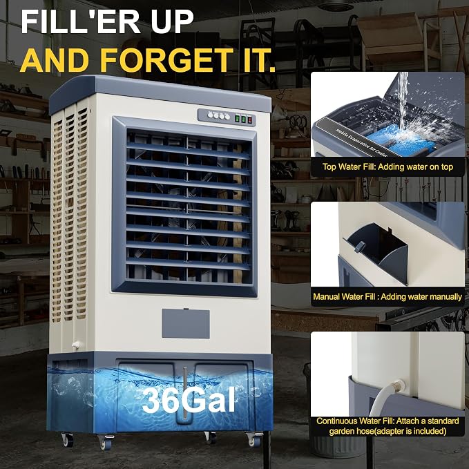 56′′ Swamp Cooler Air Conditioner, 8979CFM Portable Evaporative Coolers with 36 Gal Tank,120°Oscillation, Outdoor Cooling Fan