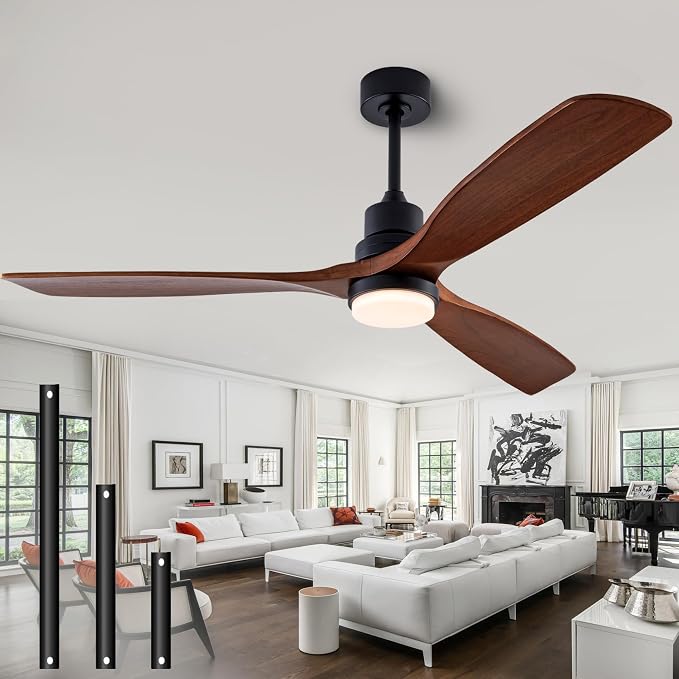 56" Wood Ceiling Fan with Light and Remote Control, Indoor Outdoor Wooden 3 Blades Ceiling Fan for Patio Living Room