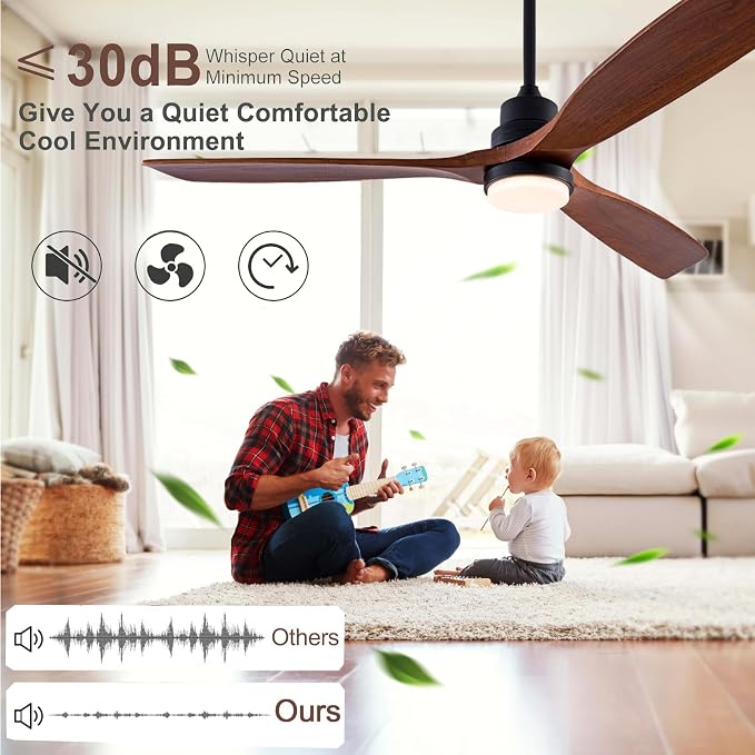 56" Wood Ceiling Fan with Light and Remote Control, Indoor Outdoor Wooden 3 Blades Ceiling Fan for Patio Living Room