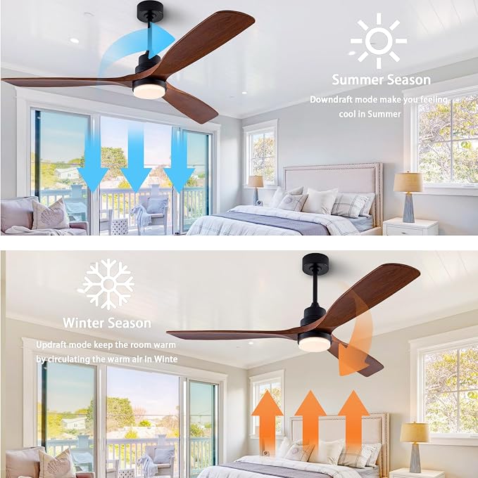 56" Wood Ceiling Fan with Light and Remote Control, Indoor Outdoor Wooden 3 Blades Ceiling Fan for Patio Living Room