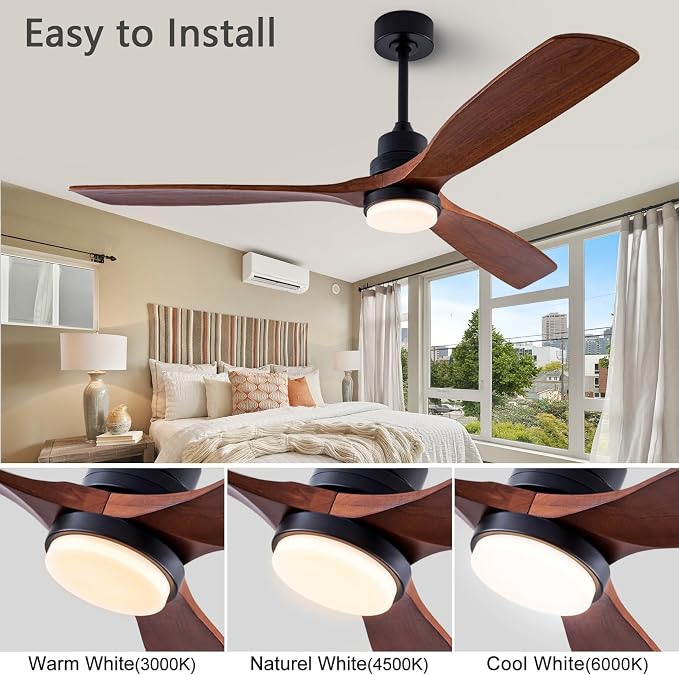 56" Wood Ceiling Fan with Light and Remote Control, Indoor Outdoor Wooden 3 Blades Ceiling Fan for Patio Living Room