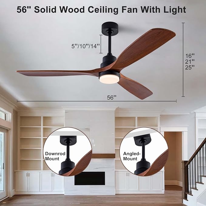 56" Wood Ceiling Fan with Light and Remote Control, Indoor Outdoor Wooden 3 Blades Ceiling Fan for Patio Living Room
