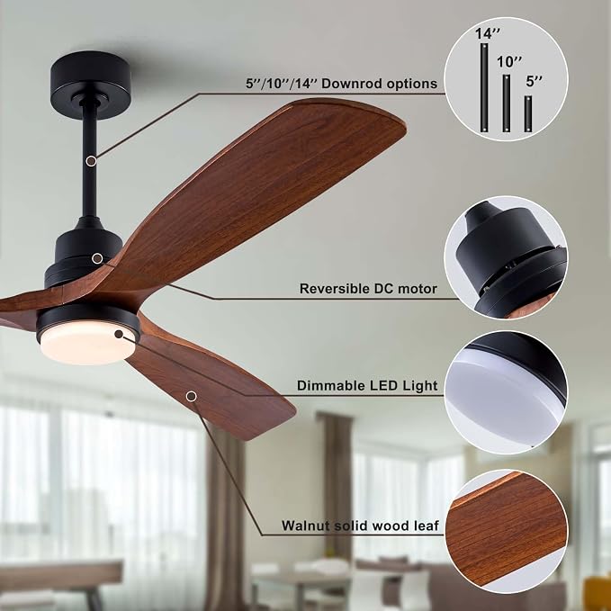 56" Wood Ceiling Fan with Light and Remote Control, Indoor Outdoor Wooden 3 Blades Ceiling Fan for Patio Living Room