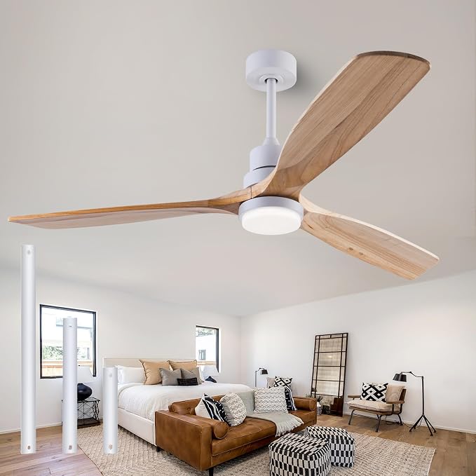 56" Wood Ceiling Fan with Light and Remote Control, Indoor Outdoor Wooden 3 Blades Ceiling Fan for Patio Living Room
