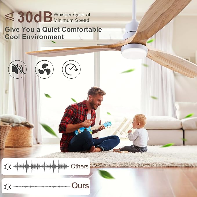 56" Wood Ceiling Fan with Light and Remote Control, Indoor Outdoor Wooden 3 Blades Ceiling Fan for Patio Living Room