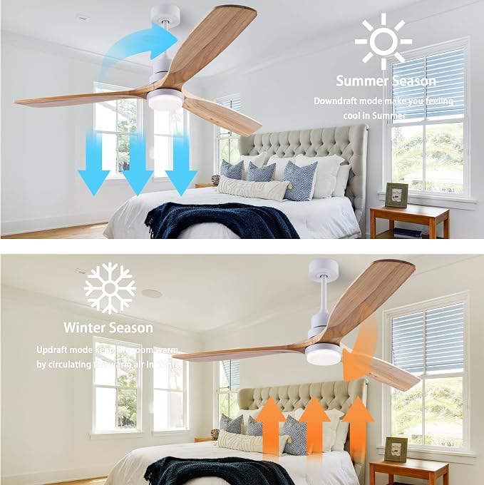 56" Wood Ceiling Fan with Light and Remote Control, Indoor Outdoor Wooden 3 Blades Ceiling Fan for Patio Living Room